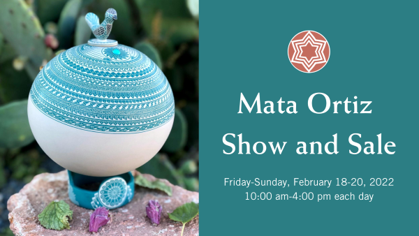 Mata Ortiz Pottery Show and Sale graphic with a piece of turquoise and white pottery